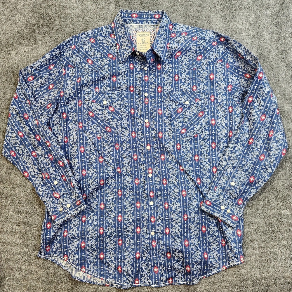 Panhandle Rough Stock Western Shirt Mens XL Blue Paisley Pearl Snap Long Sleeve